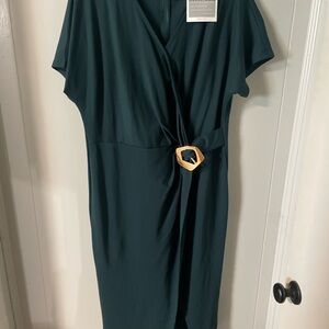 Chic Teal Midi Dress with Geometric Buckle